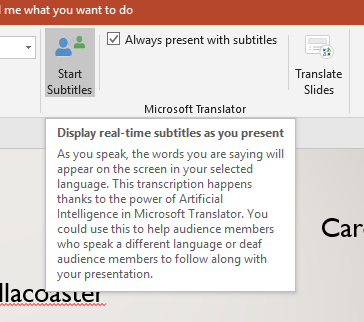 Screen shot of 'Start Subtitles' button on ribbon