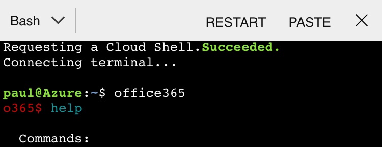 At the European SharePoint Conference 2017 in the Hackathon results session, Waldek Mastykarz from the PnP team announced the Office365 CLI which gives you the ability to manage an Office 365 on any platform. I had the idea to run this inside the Azure Shell