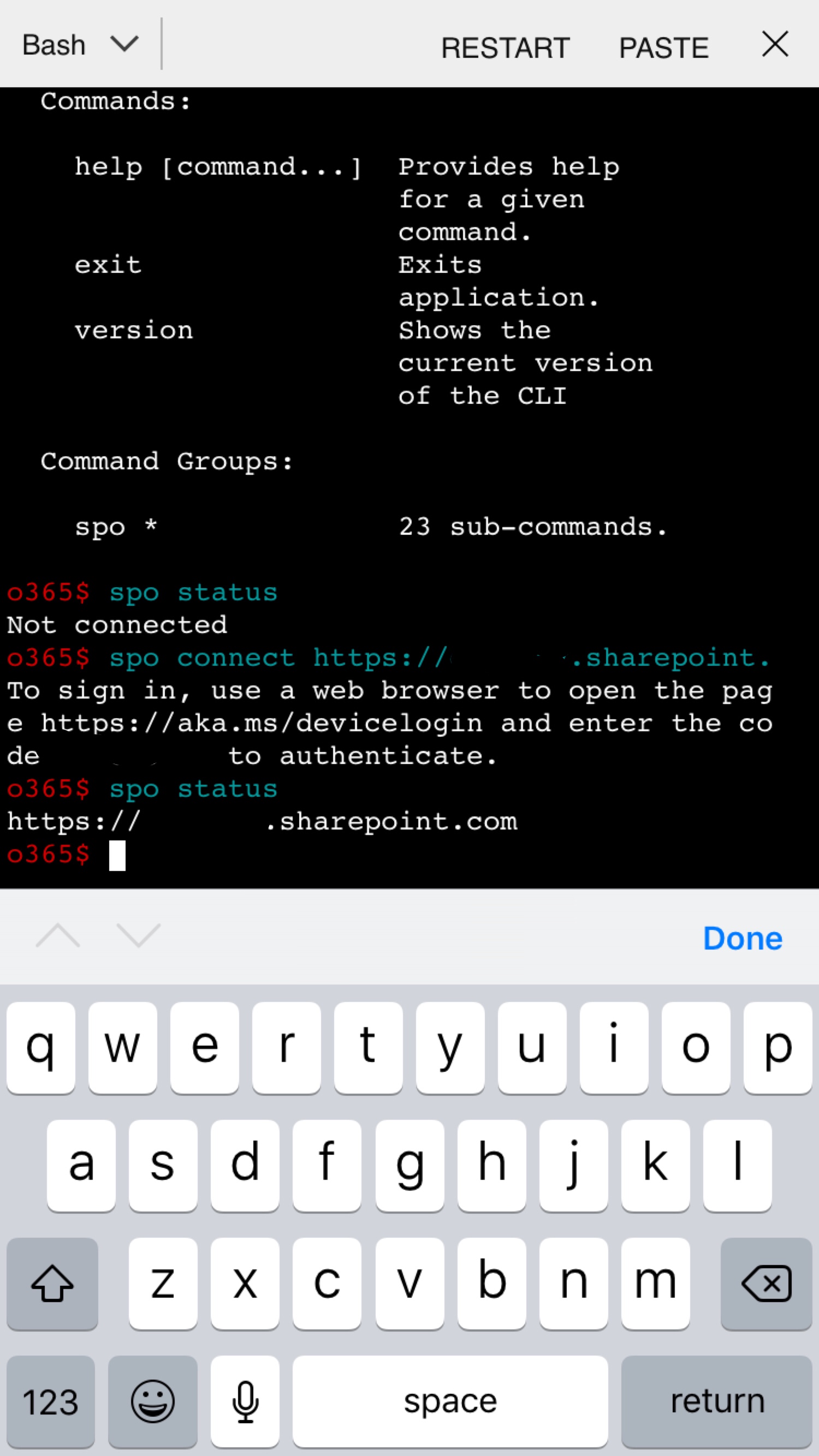 Example running Office 365 CLI on iOS Azure App