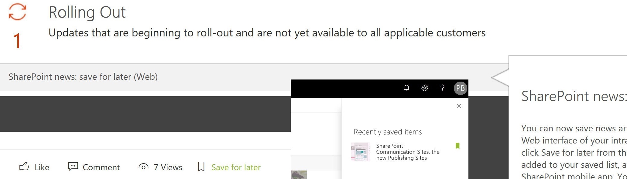 This is a first look at the news feature **'Save for later'** that will grant the ability for a staff member to save a news article in a Communication Site for later reading