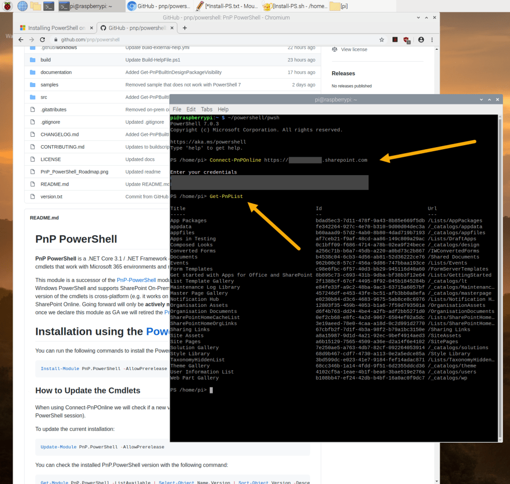 Screenshot from Raspberry Pi running PnP PowerShell commands.