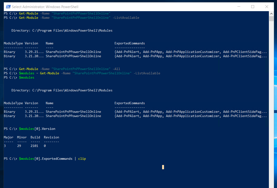 Screenshot of the output of PowerShell Module List cmdlet