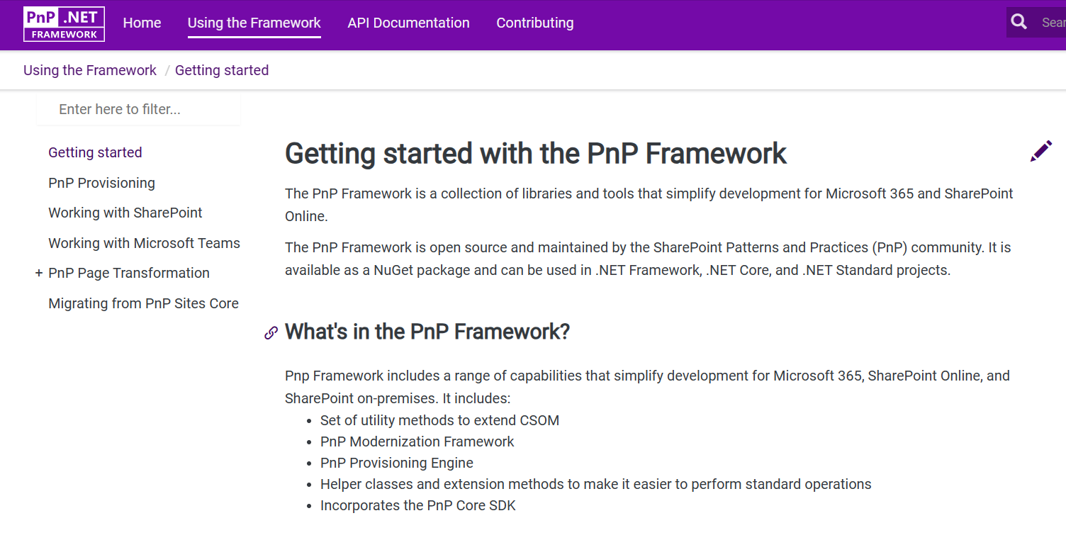 Showing the PnP Framework Site with areas that could be used to provide samples