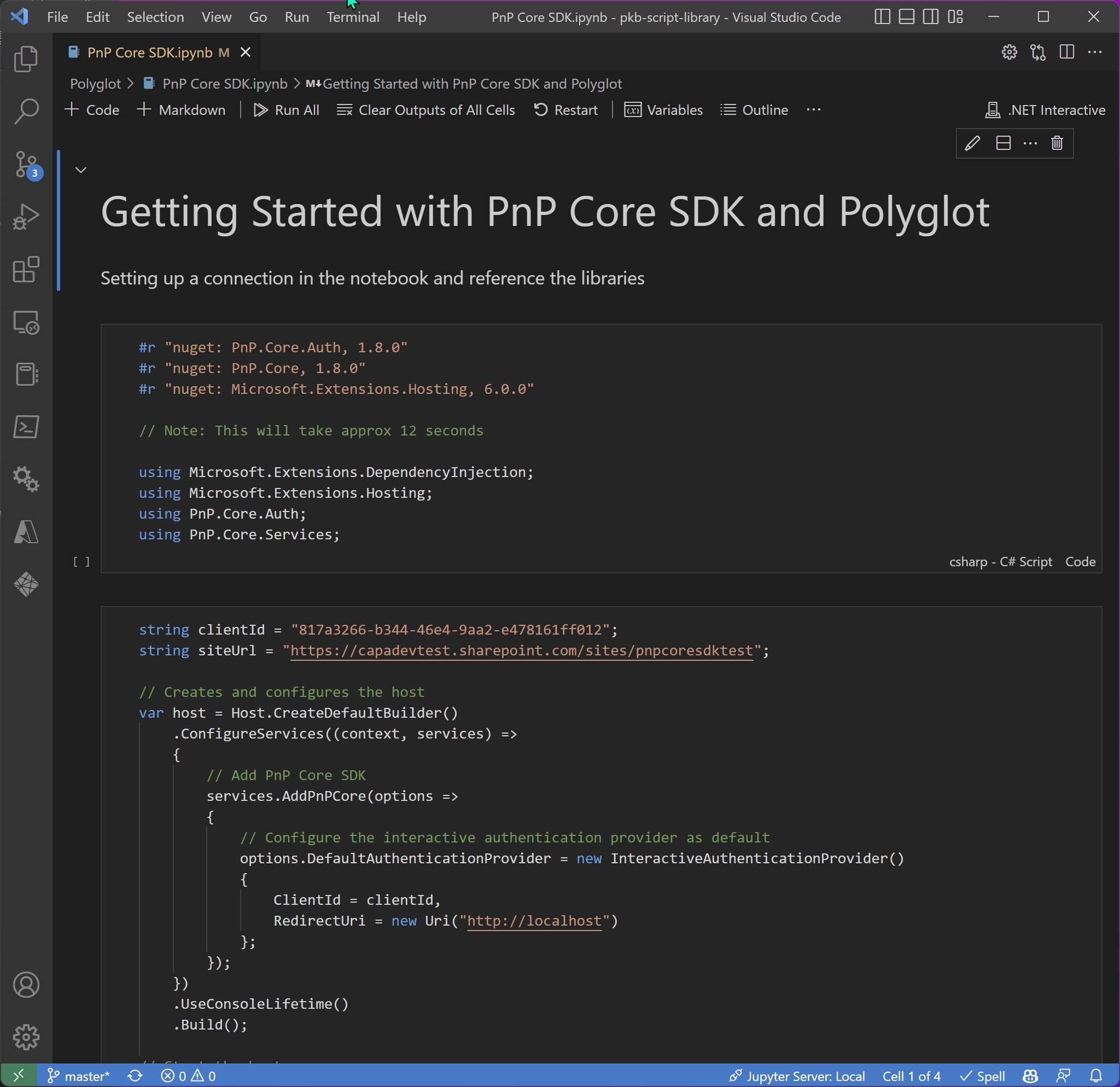 Example of the basic console app C# code running in Polyglot