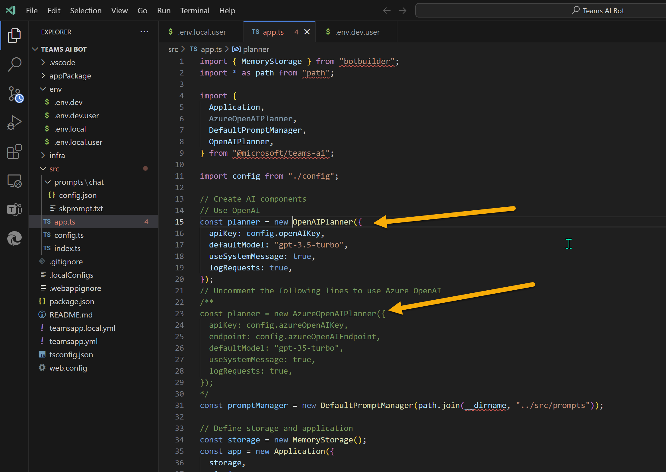 Uncomment the code to use Azure Open AI and comment/delete the unused Open AI code block