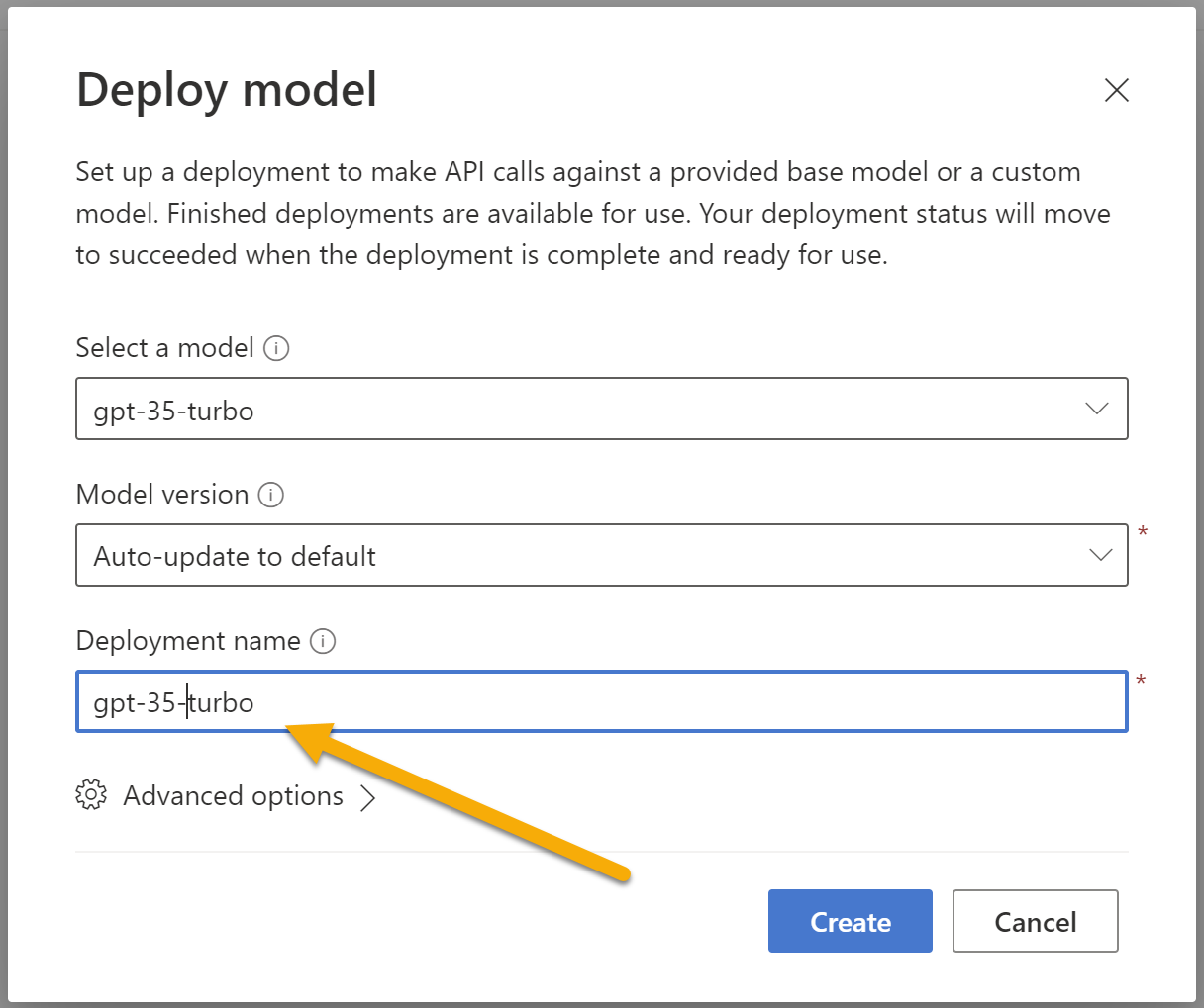 Enter a model name e.g. gpt-35-model and click create