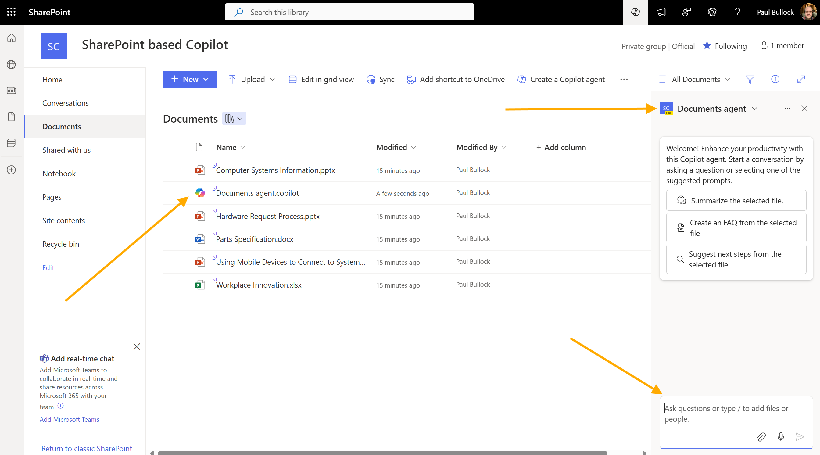 New agent dialog for SharePoint Copilot in the document library