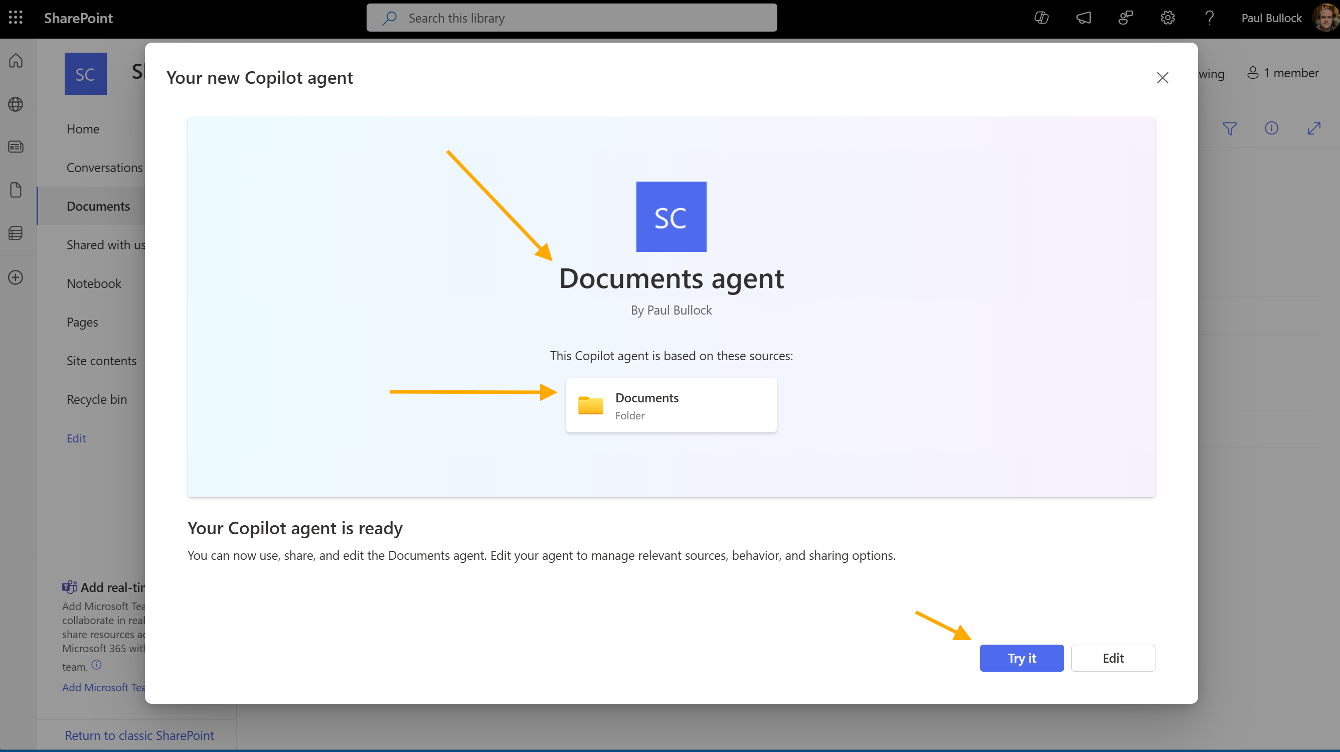 Create new agent dialog for SharePoint Copilot