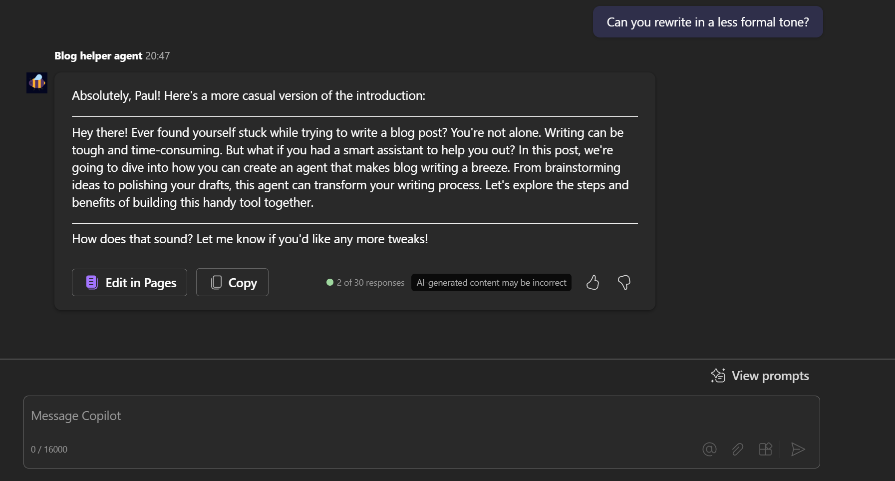 Declarative agent helper writing an introduction in Microsoft Teams Chat with a revision to make less formal