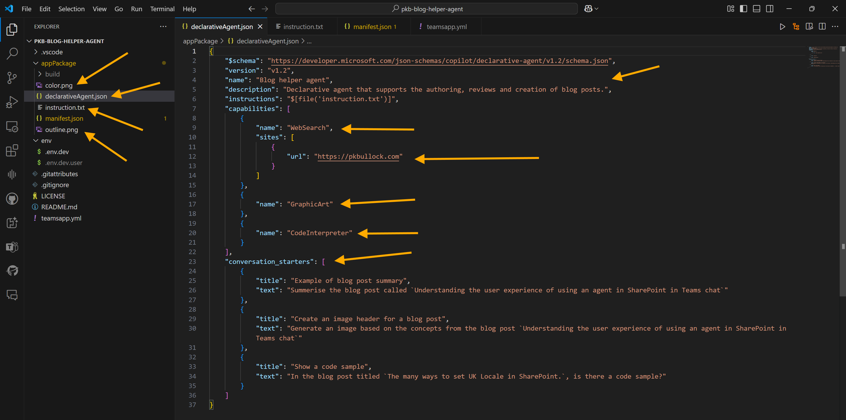 Teams Toolkit generated blog post helper with the settings configured