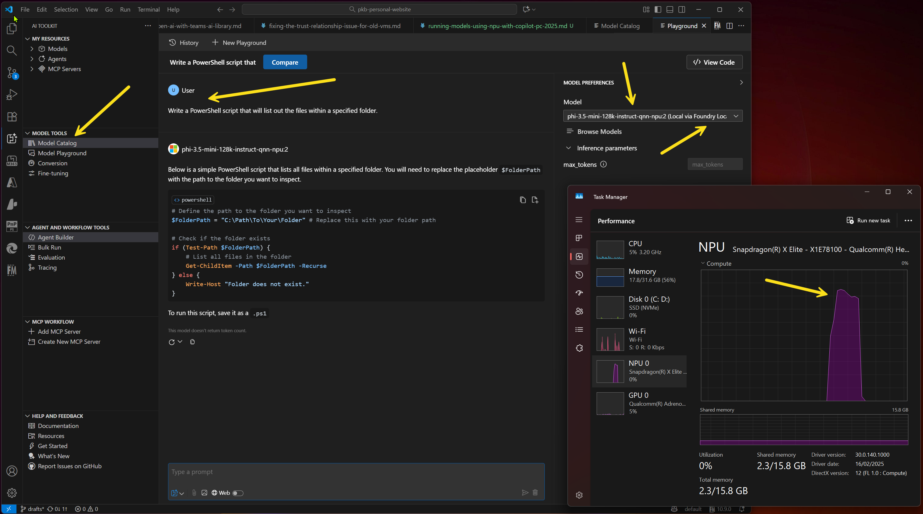 Screenshot of the AI Toolkit with Foundry running the model on the NPU with Task Manager showing a spike in NPU usage