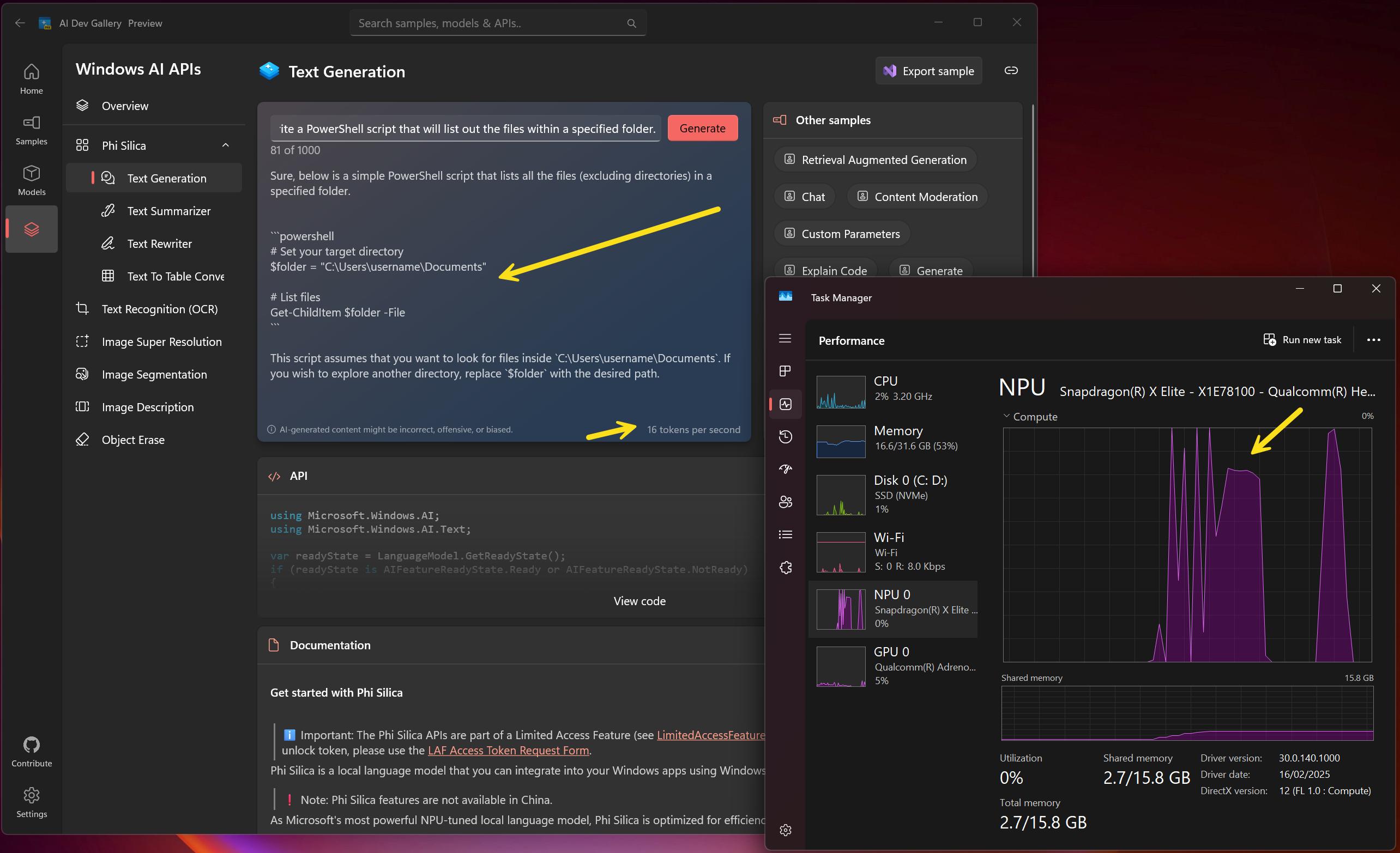 Screenshot of the Windows AI APIss running the model on the NPU with Task Manager showing a spike in NPU usage