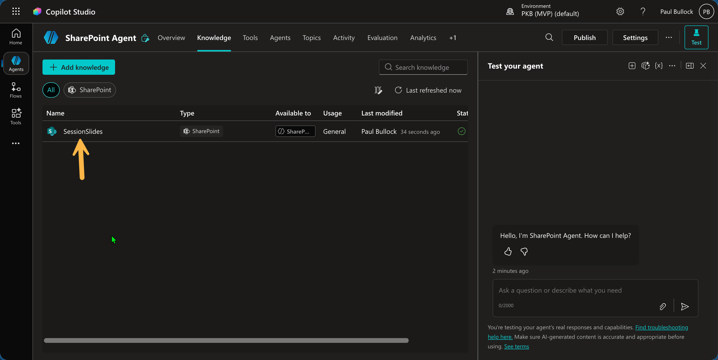 Added SharePoint Knowledge Source