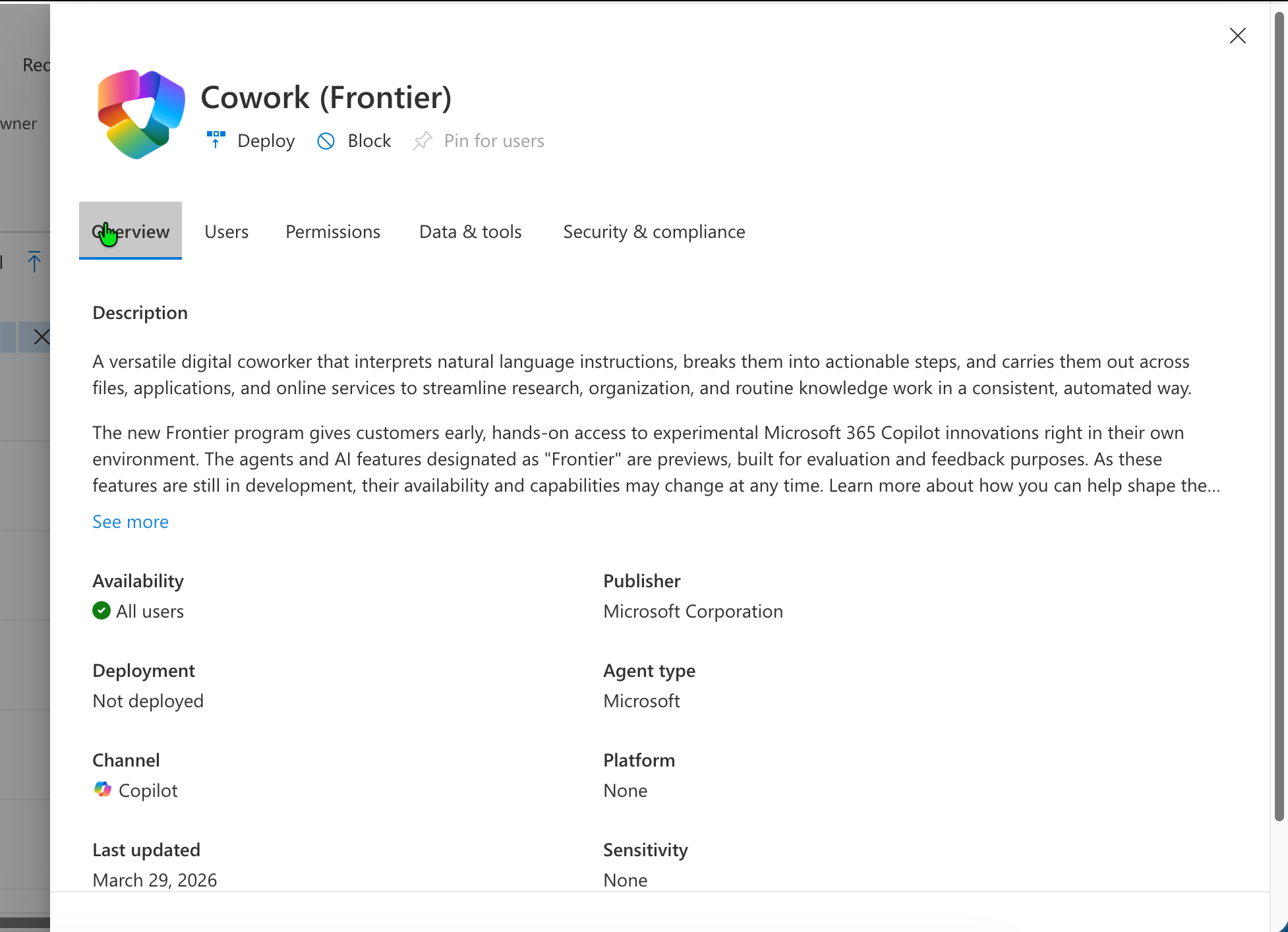 Cowork (Frontier) agent overview in the Microsoft 365 admin centre, showing description, availability, and publisher details