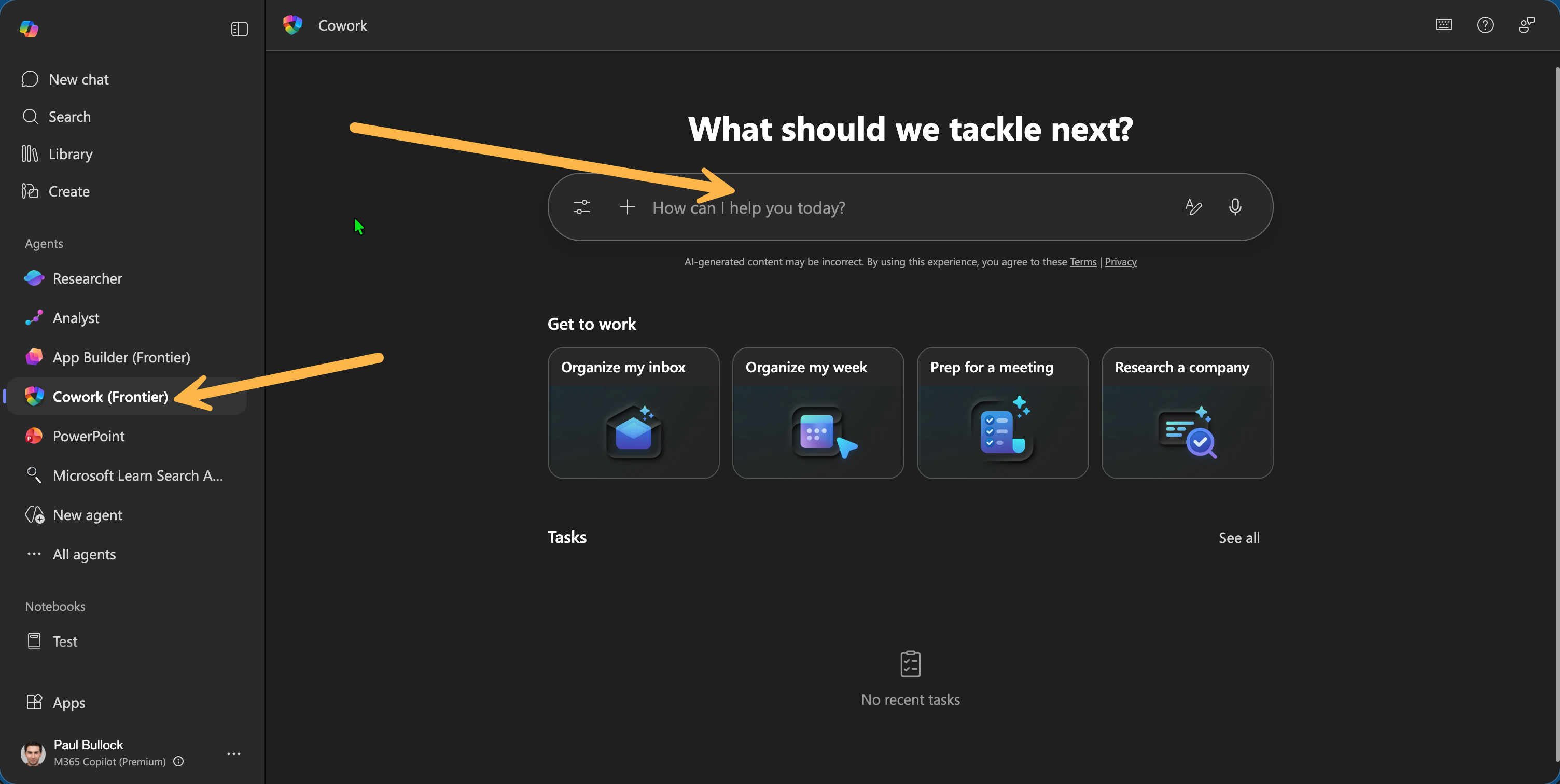 Cowork (Frontier) agent installed and visible in the Microsoft 365 Copilot left navigation, showing the home screen with starter prompts